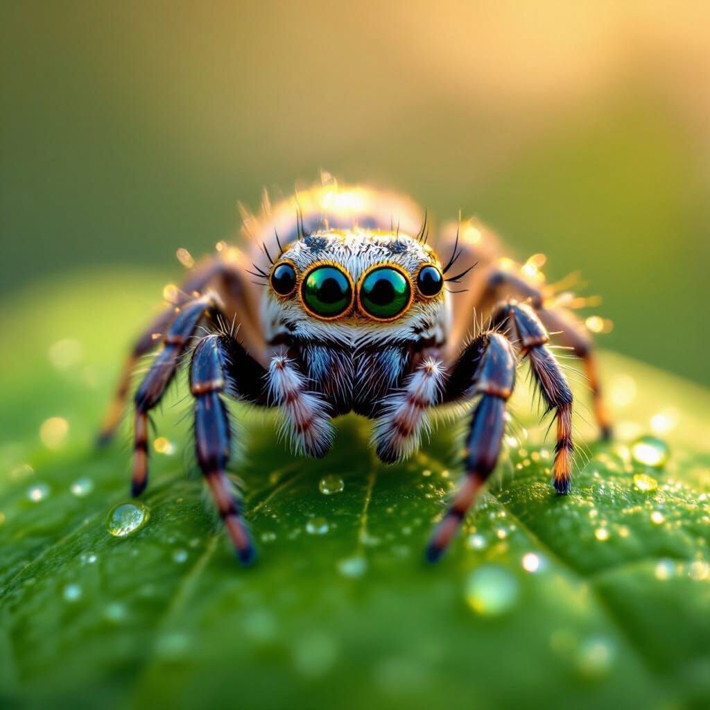 Cute Spider with Big Eyes on Leaf in Golden Hour Light