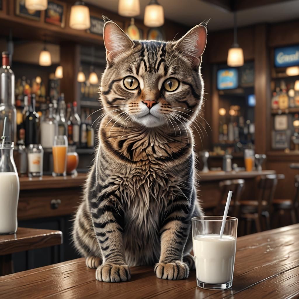 Cartoon Cat at Bar Enjoying Milk