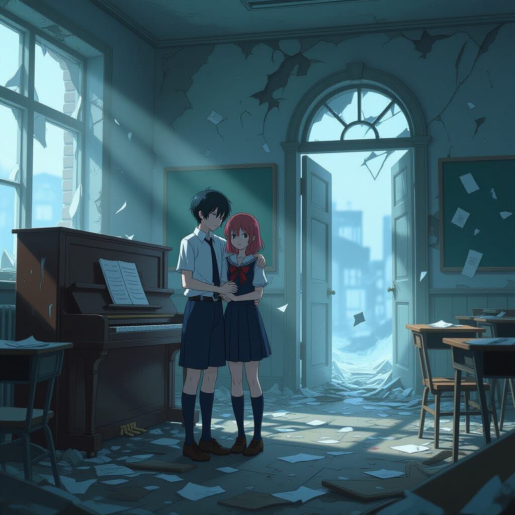 Mono and Six in Crumbling School Classroom