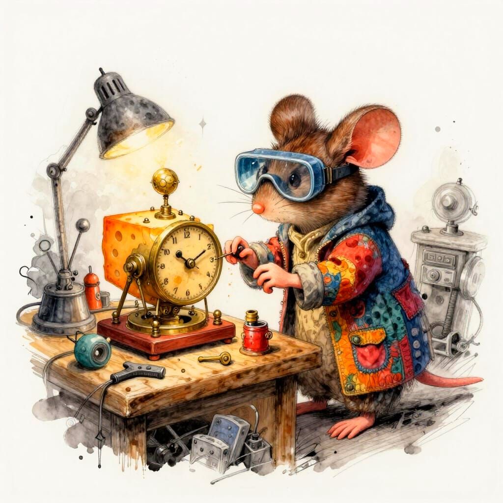 Mouse Tinkers with Cheese Clockwork Machine in Whimsical Wor...
