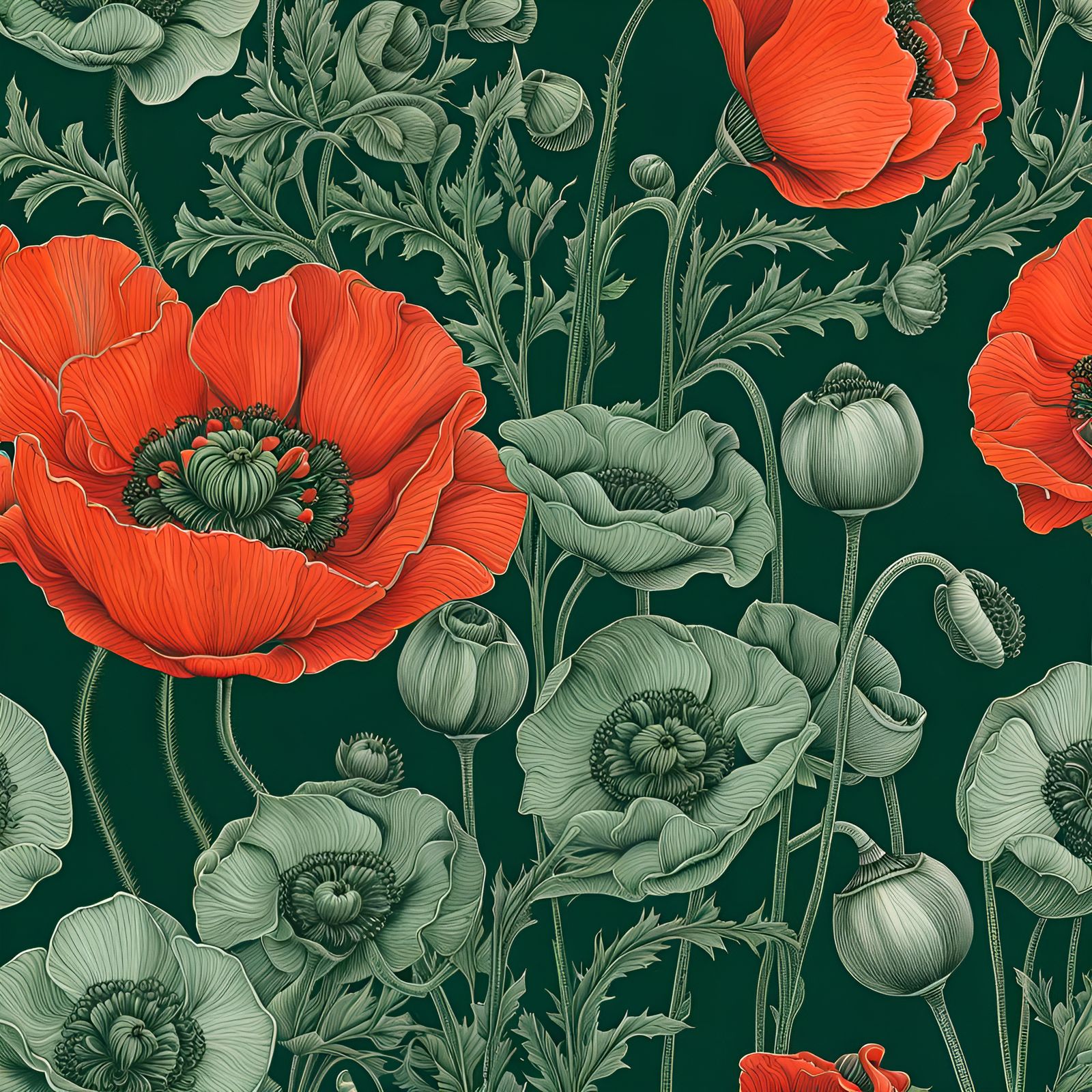 Green Ink Botanical Illustration of Vibrant Poppies