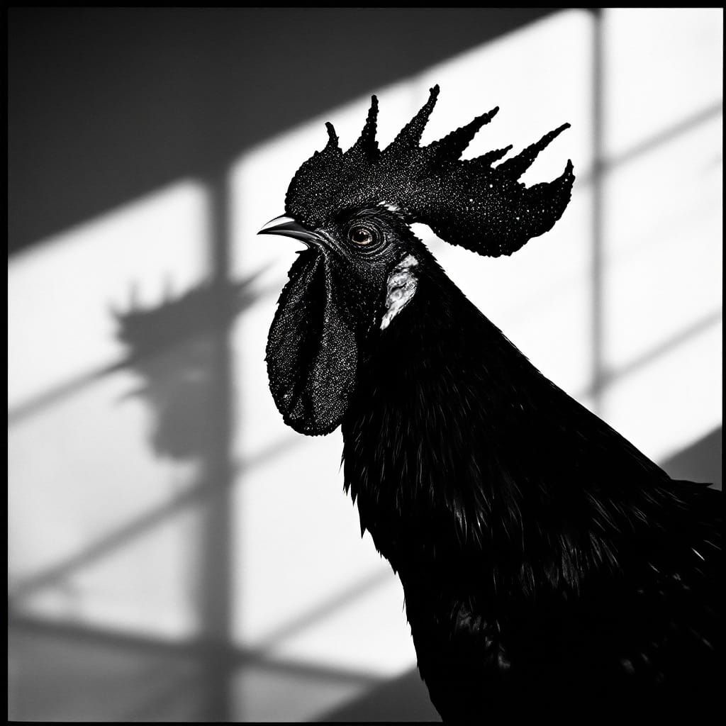 Monochromatic Rooster in Dramatic Light and Shadow