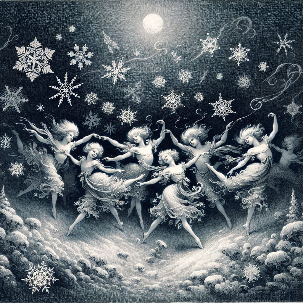 Snowflake Dance: A Whimsical Winter Scene in Pen and Ink