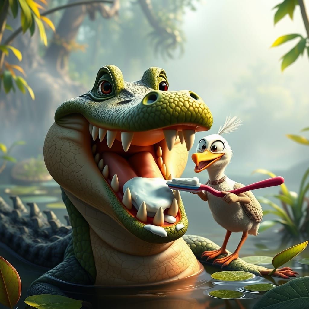 Surreal Jungle Scene: Crocodile's Toothbrush Comedy in Vibra...