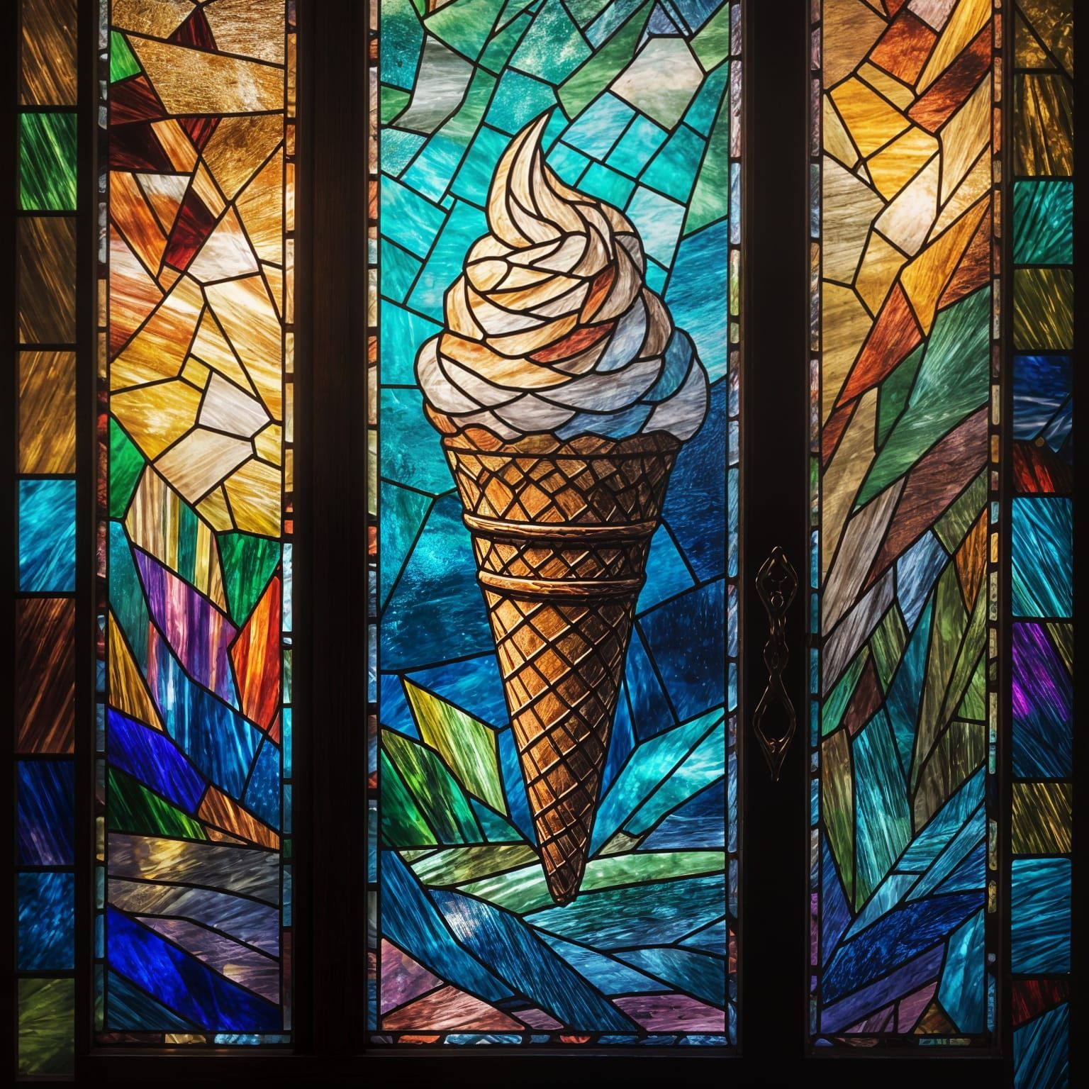 Ice Cream Cone Stained Glass in Wooden Doorway