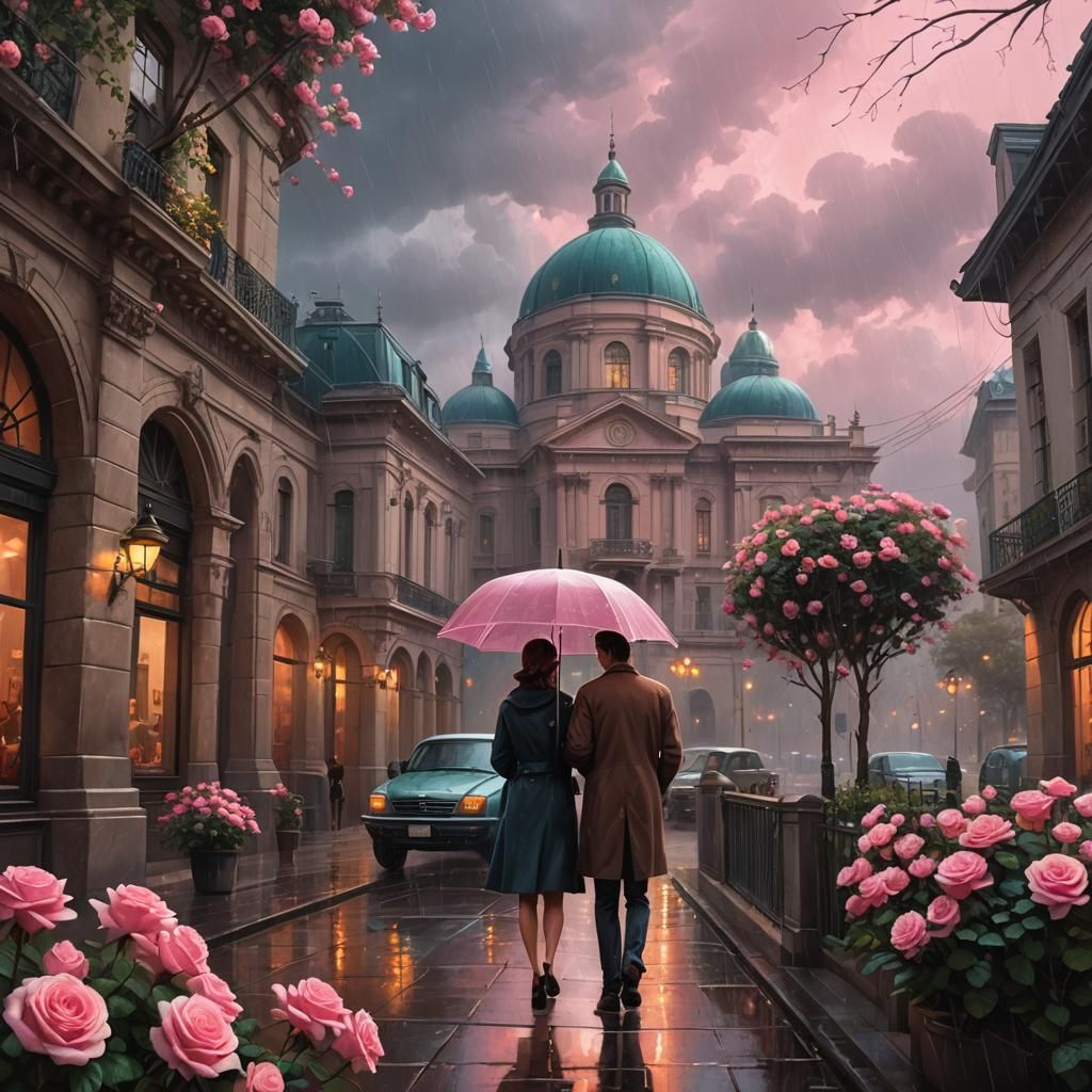 Romantic Couple in Rain with Roses, Fine Art Painting