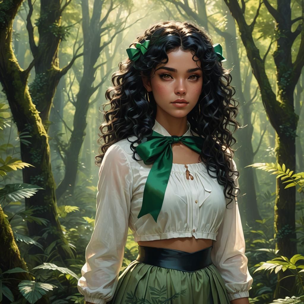 Girl with Green Bow in Lush Forest: Fantasy Art