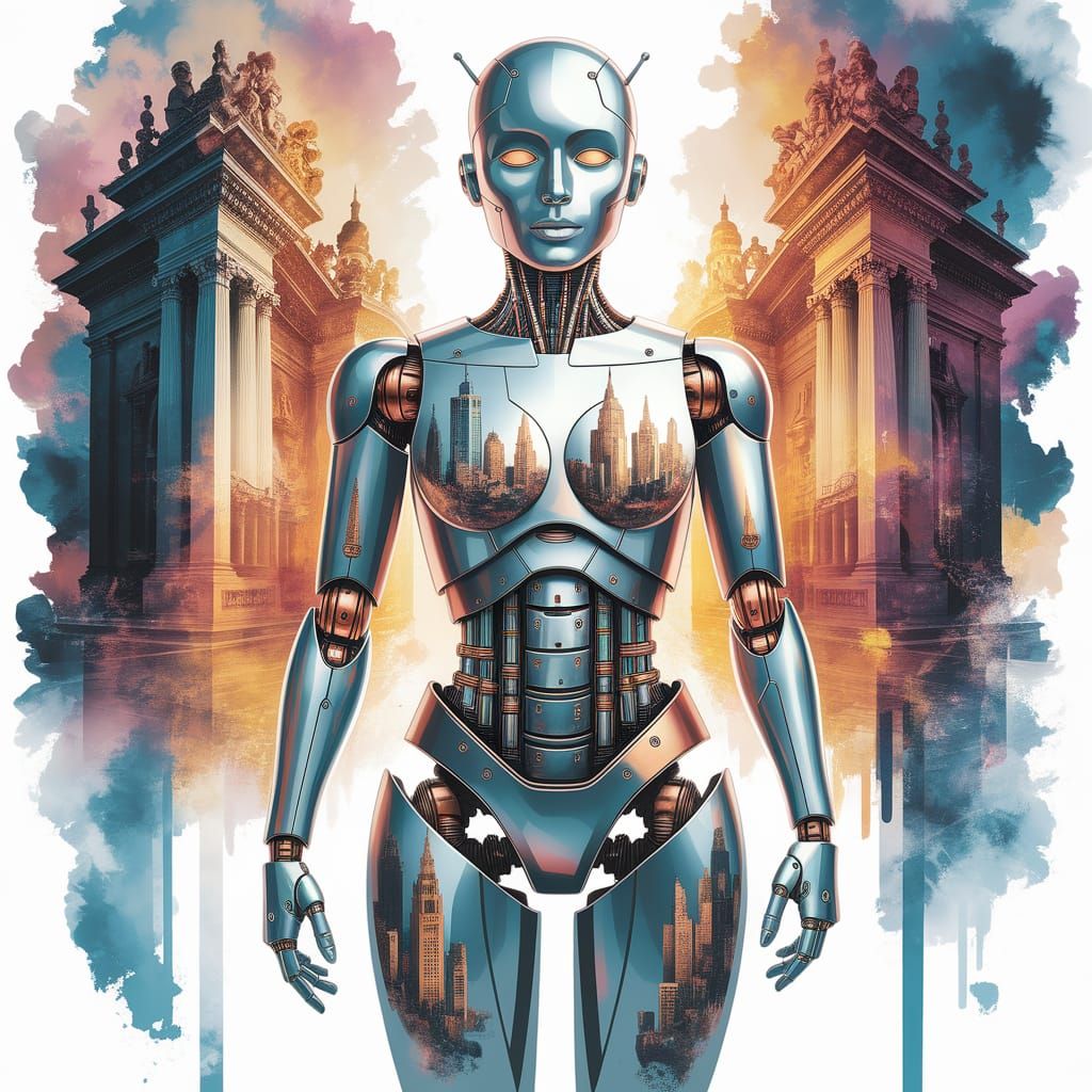 Golden Android Shines in Vibrant Cityscape Watercolour Fanta...