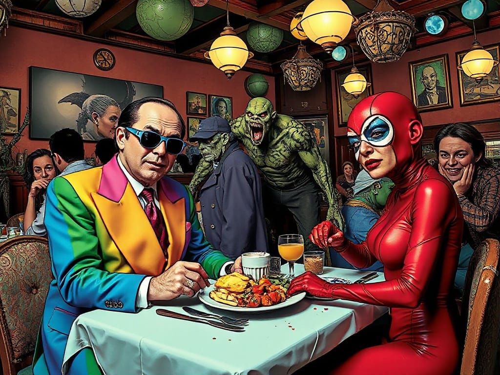 Surreal Restaurant Scene with Grotesque Figures