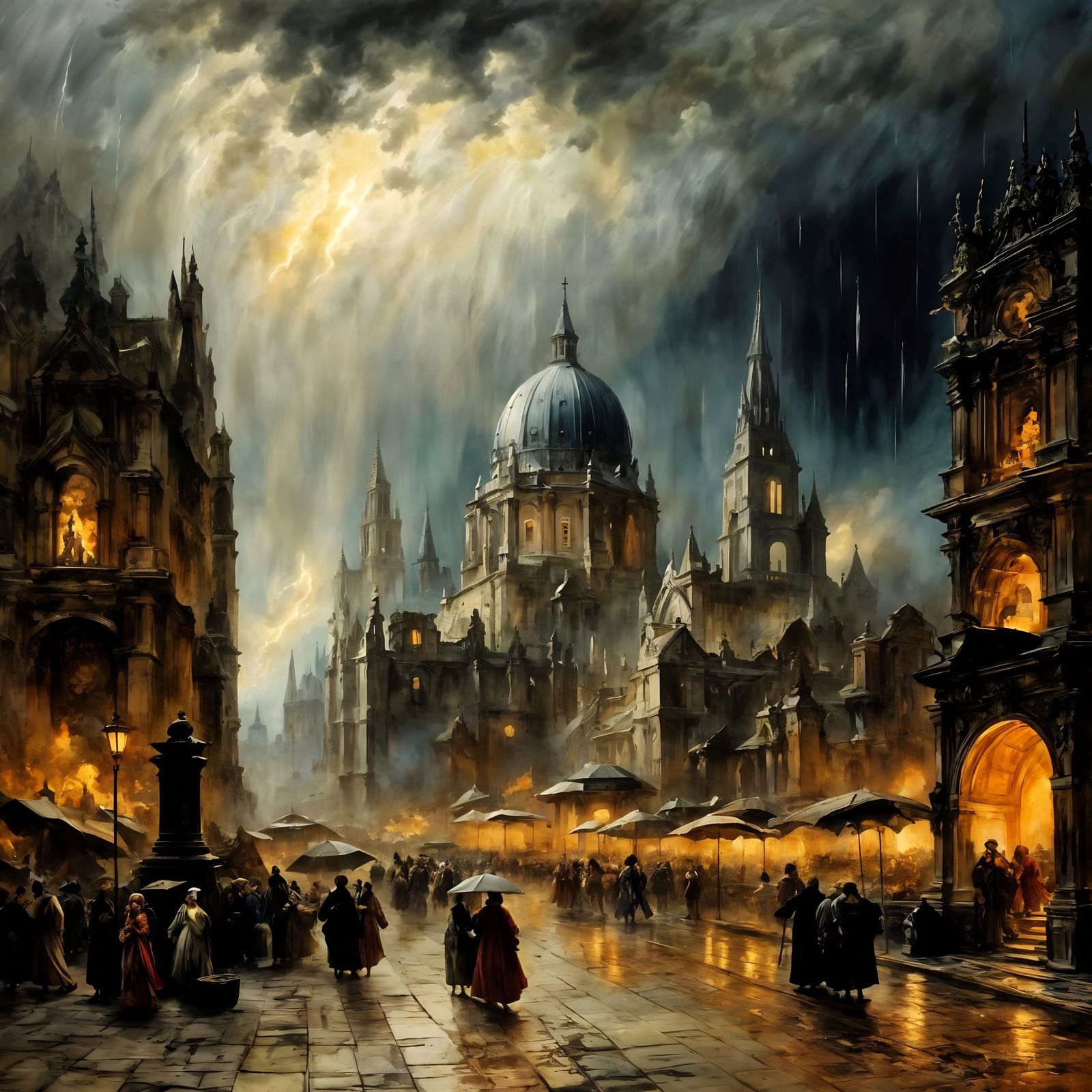 The People of Velome witness the battle between the dark prince Baratoum and the black dragon Charnathraxes