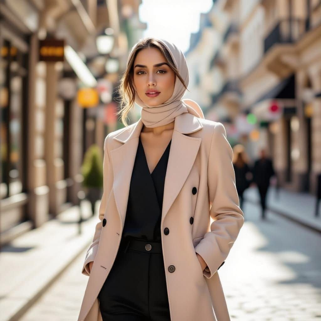 Stylish Woman in Dotted Manteau on City Street