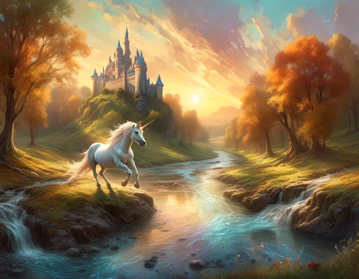 <lora:Fairytale Storys:1.0> Unicorn jumping over a crystal-c...