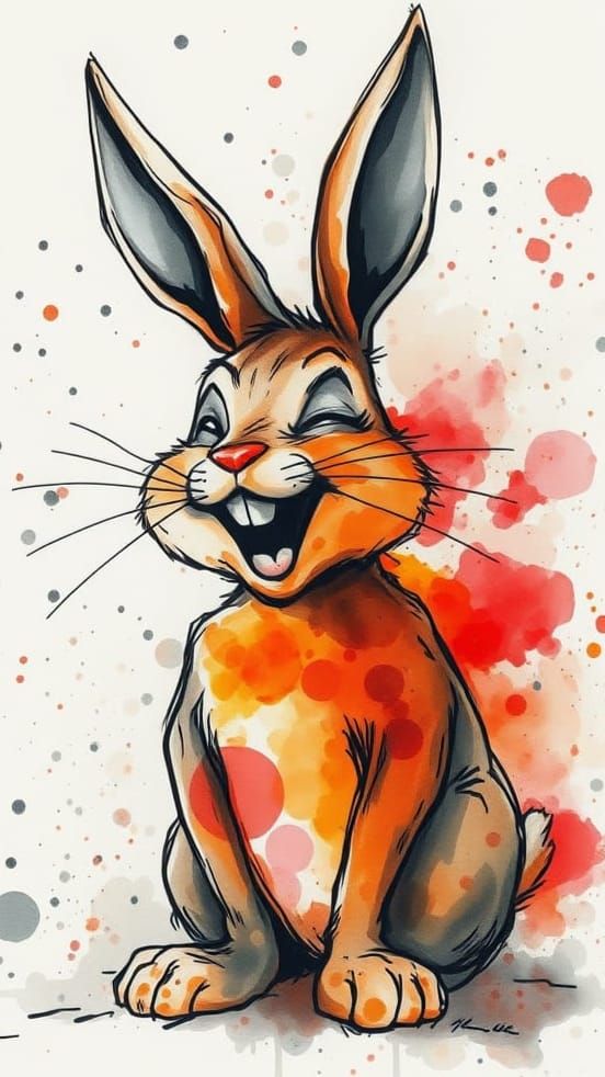 Laughing Bunny Ink Splatter Watercolor Art