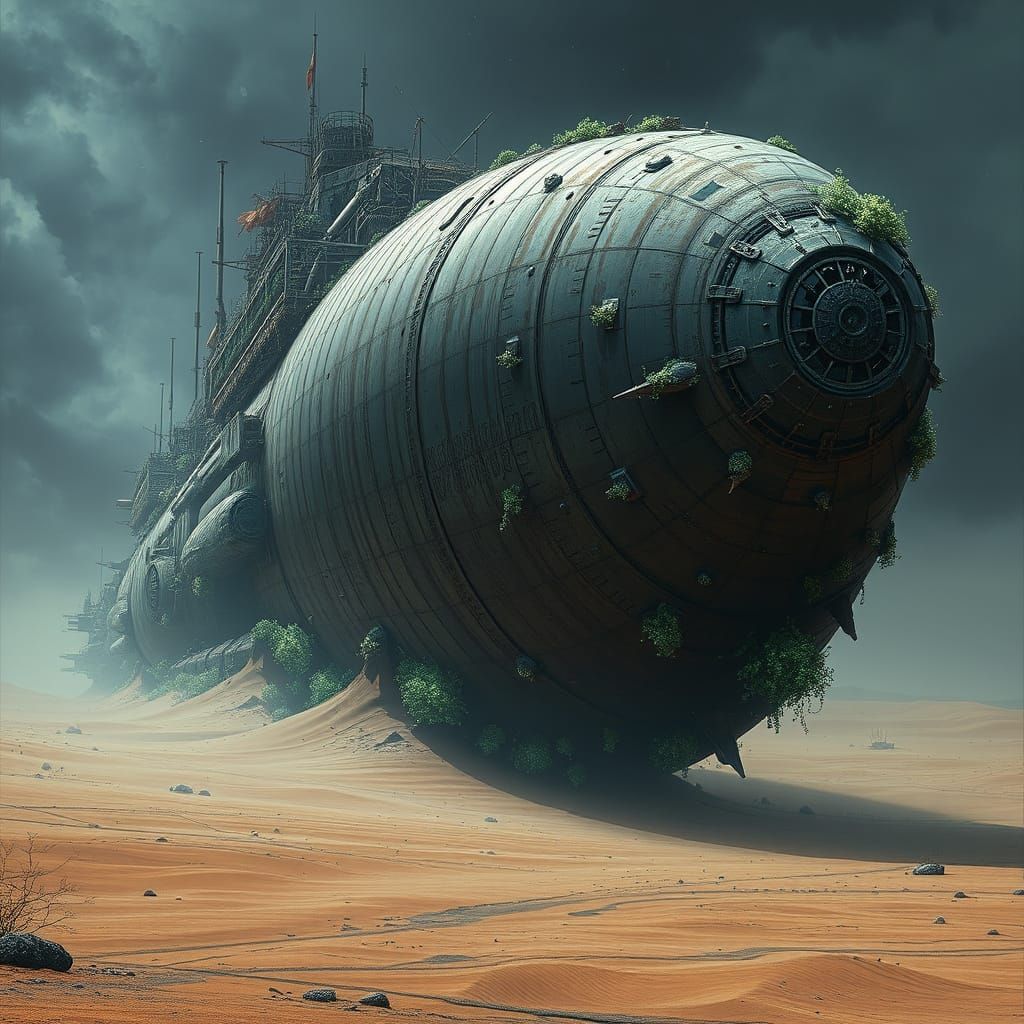 Eerie Spaceship in Alien Desert, Biomechanical Surrealism