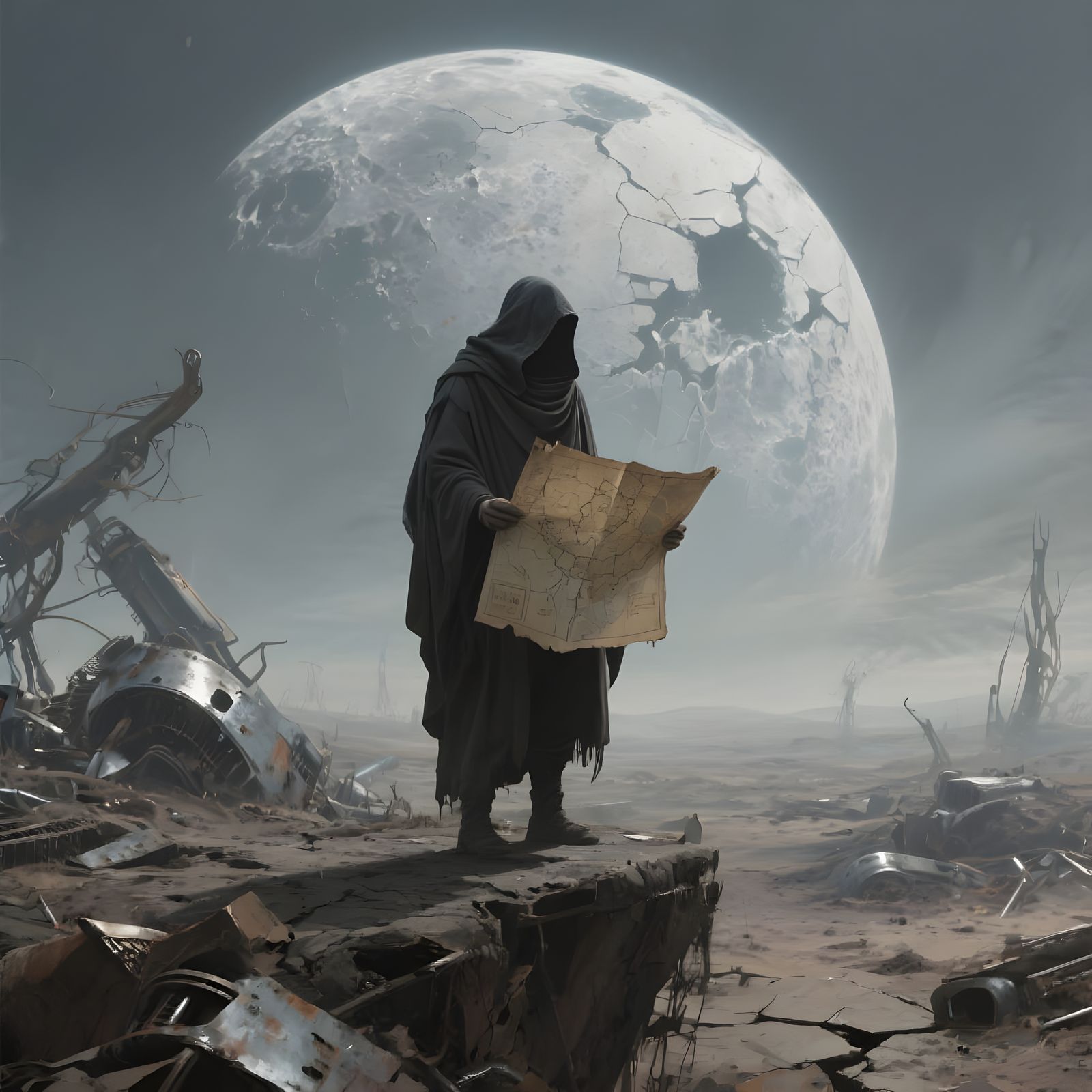 Solitary Figure on Wasteland Moon: Digital Art