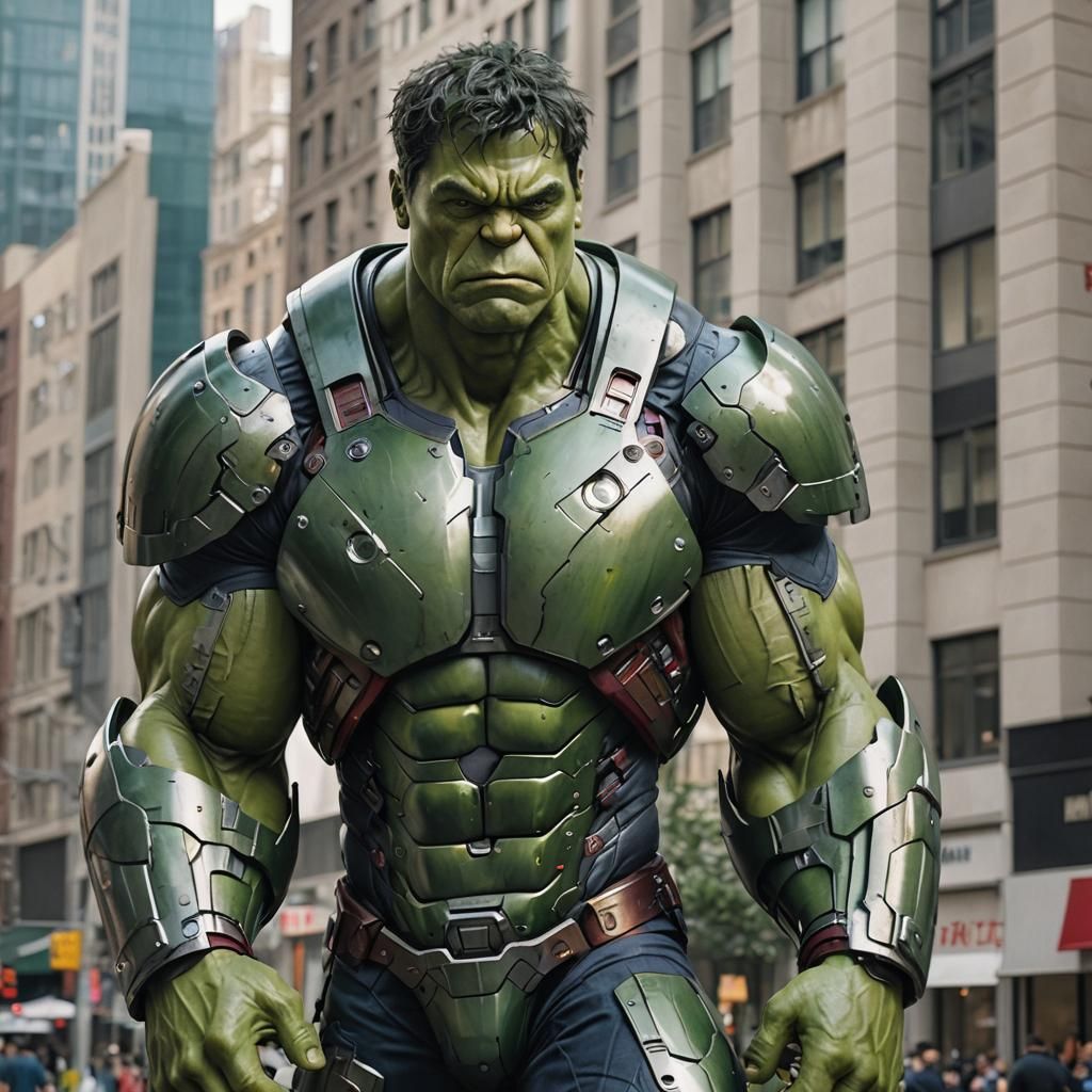 hyper realistic Hulk in an armour ironman style, live action...