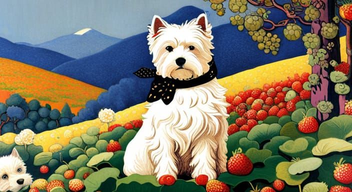 Westie in Strawberry Fields: Vintage Art Nouveau