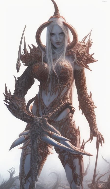 Red Elf Girl with Bone Horns and Coral Armor