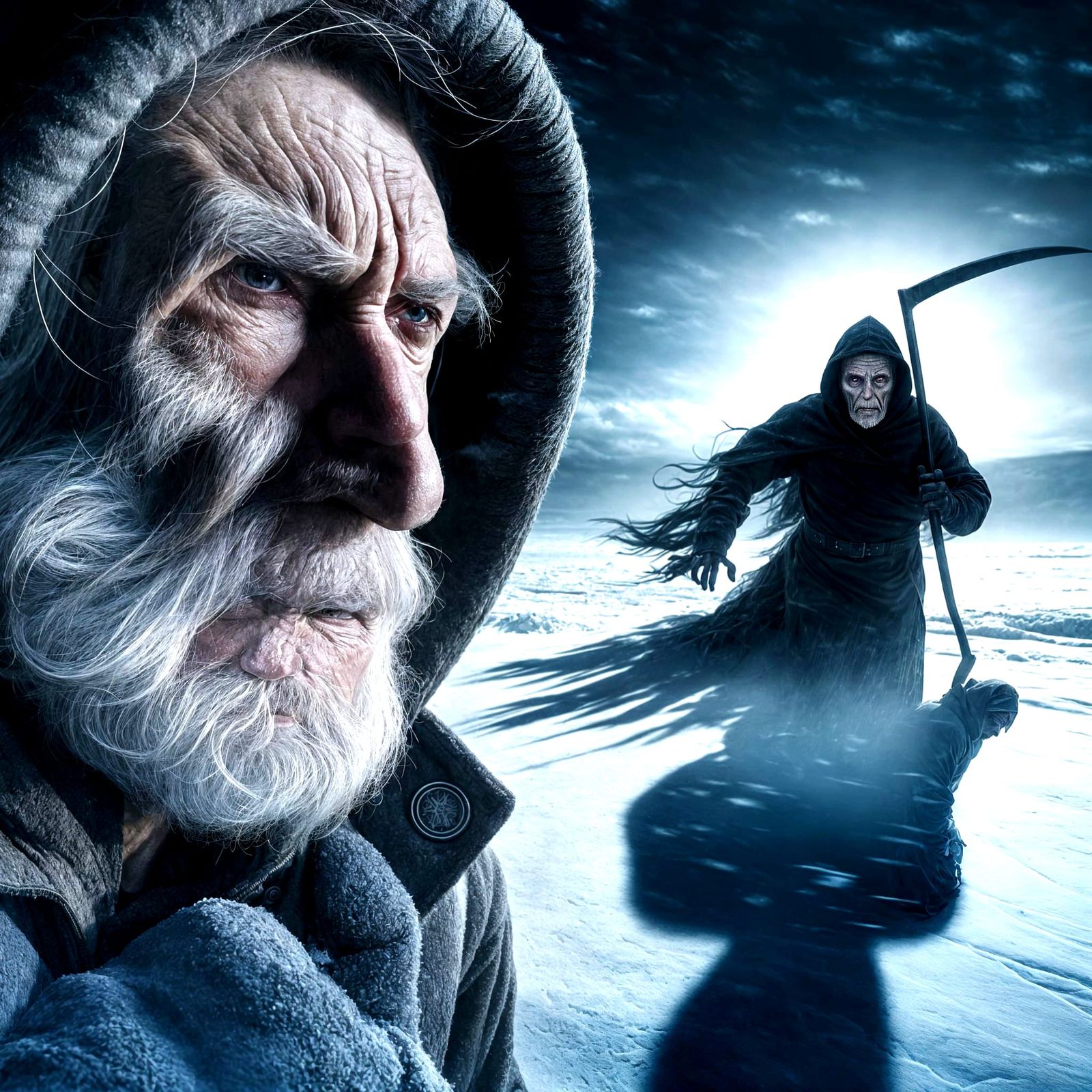 Elderly Man Faces Grim Reaper Shadow in Stormy Winter