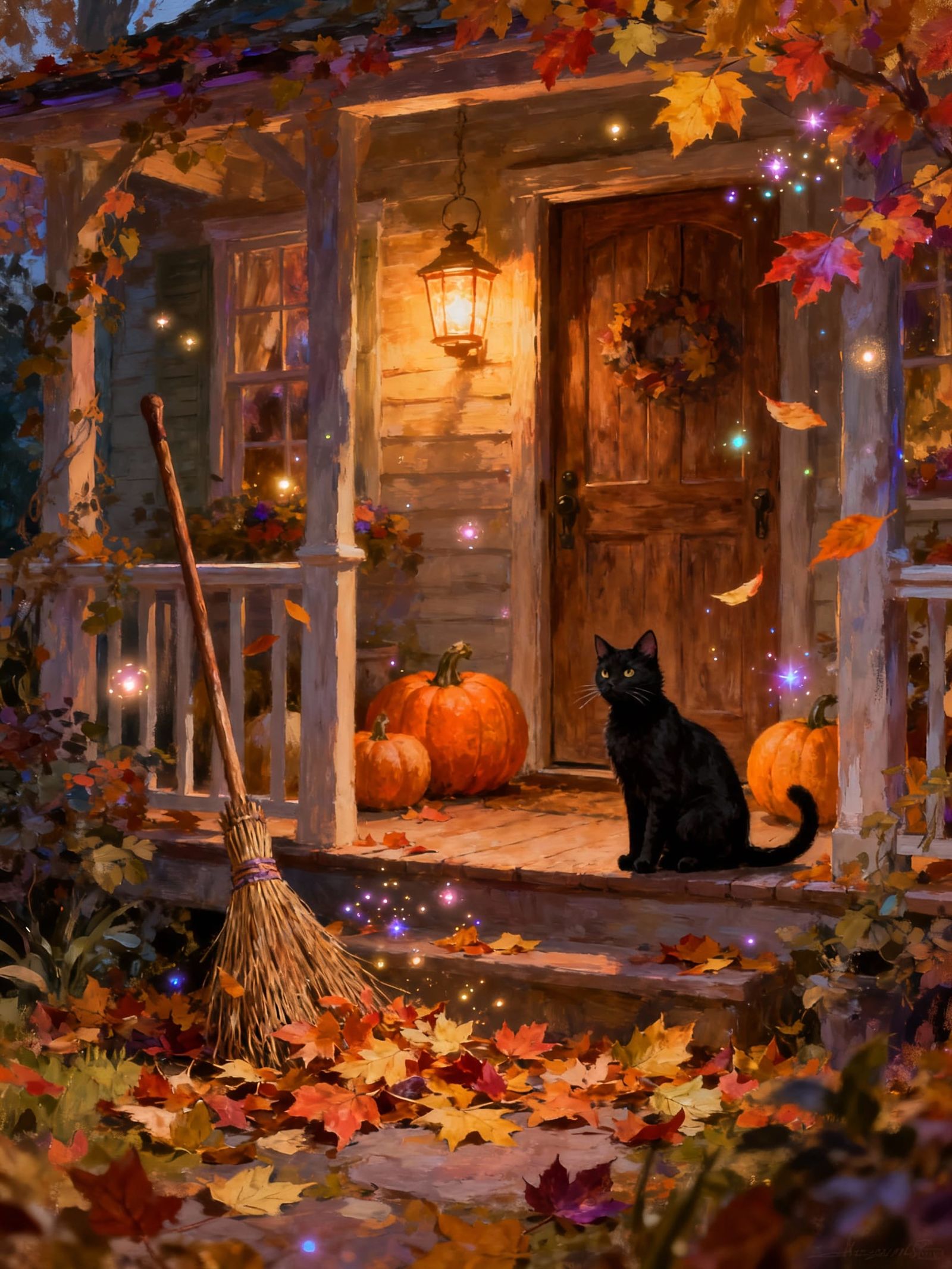Enchanted Broom Sweeping Autumn Leaves on Cottage Porch