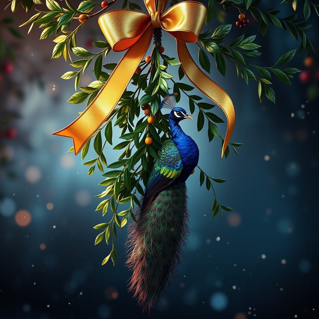 Mistletoe in Golden Splendor with Peacock Feathers