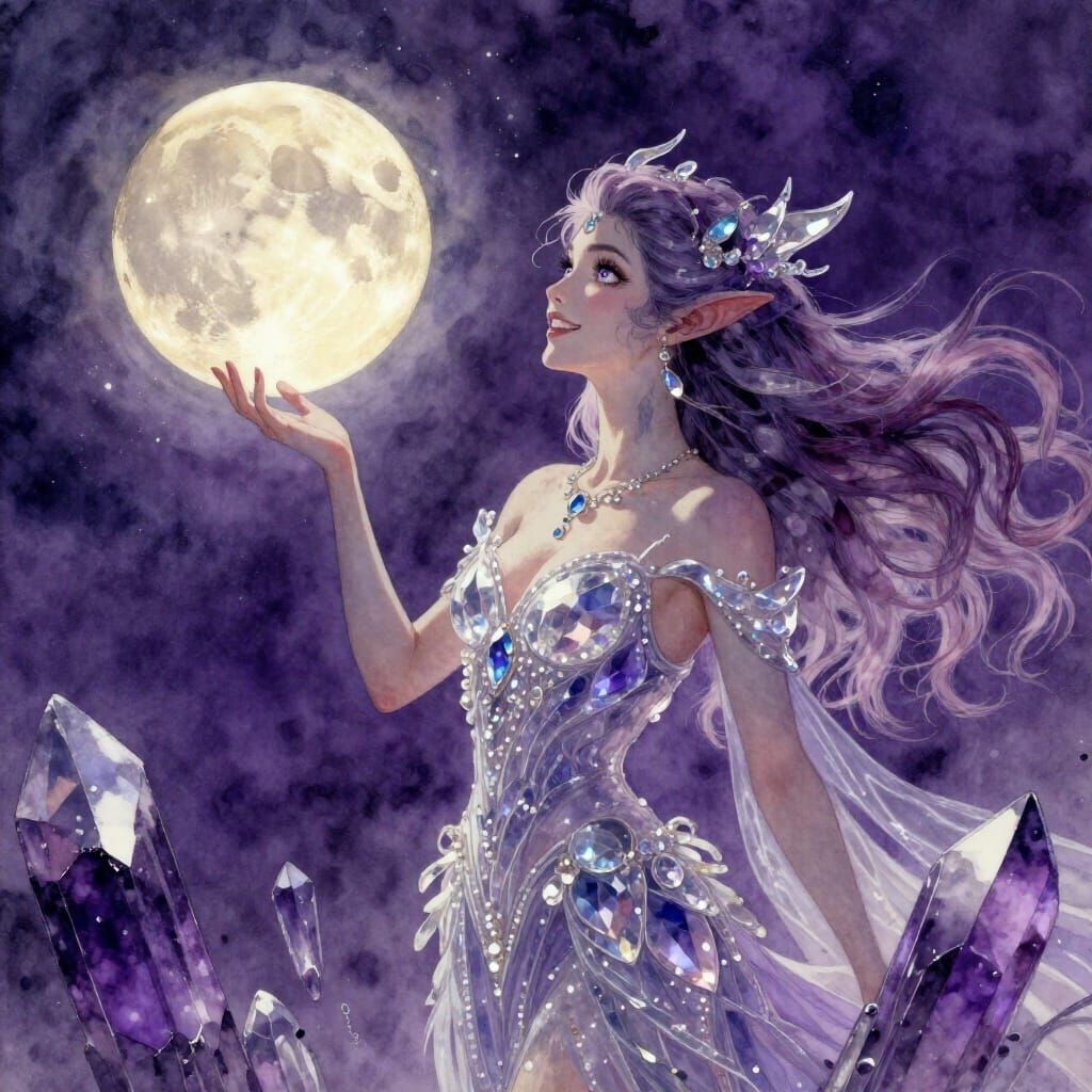 Alien Princess Watches Moon on Crystal Planet in Watercolor ...