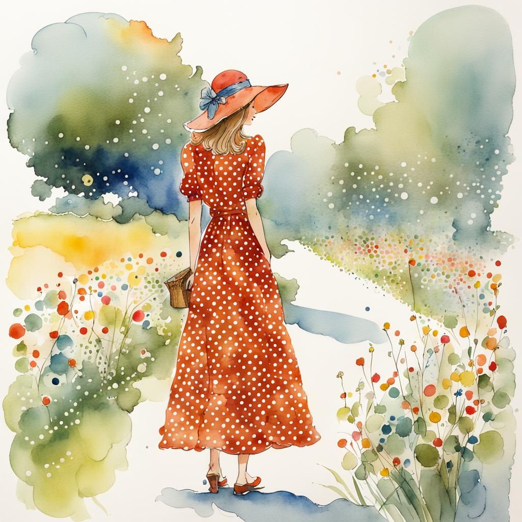 Whimsical Woman in Polka Dots, Watercolor Illustration