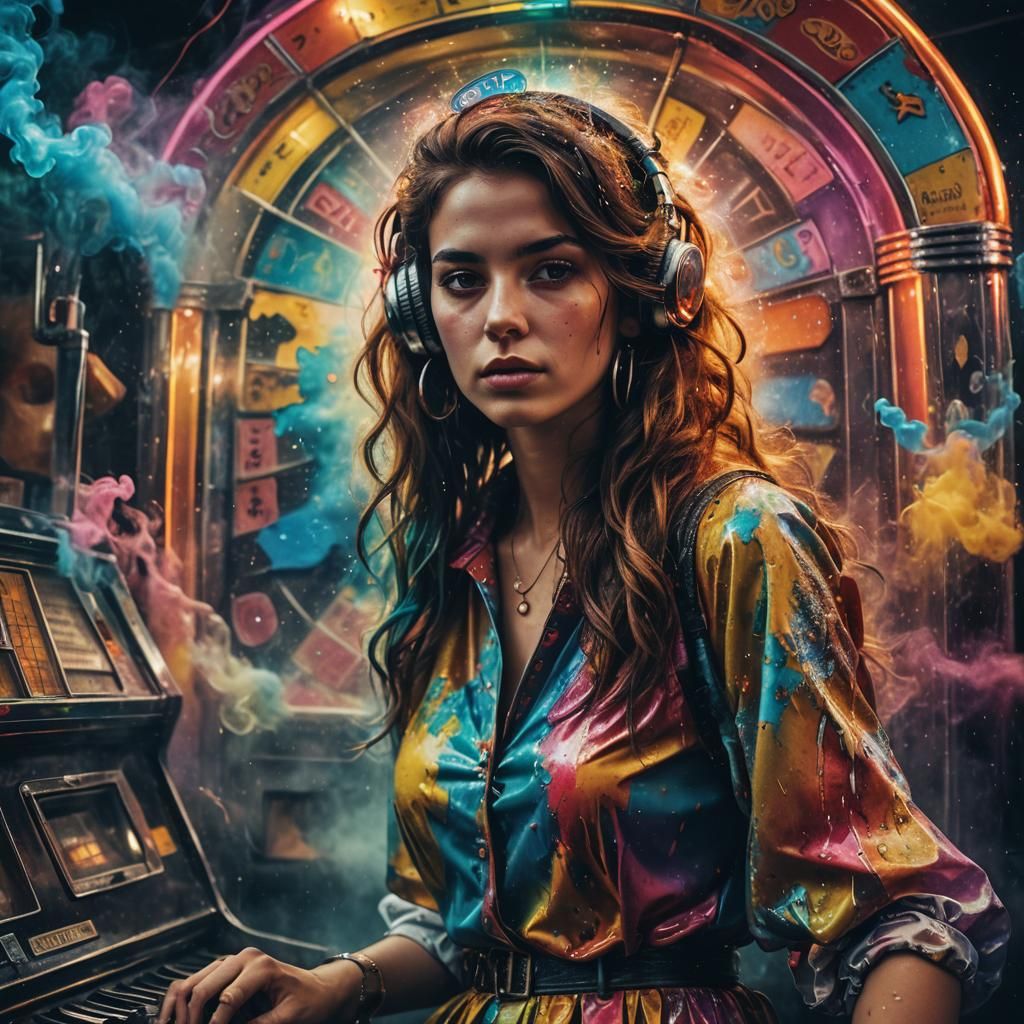 Psychedelic Women Listen to Jukebox in Pop Art Style