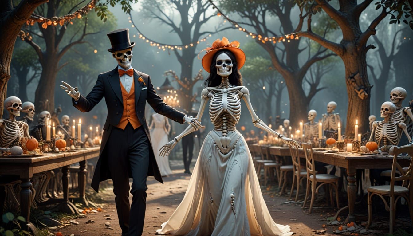 Skeletons Celebrate New Year's Eve in Festive Forest Ball
