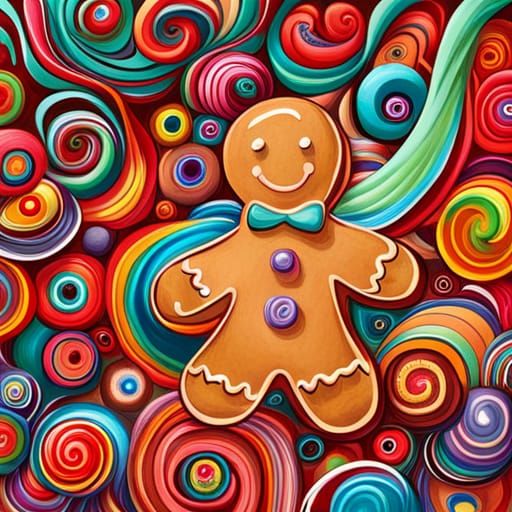 Gingerbread Man in Candyland Wonderland as Gouache Art