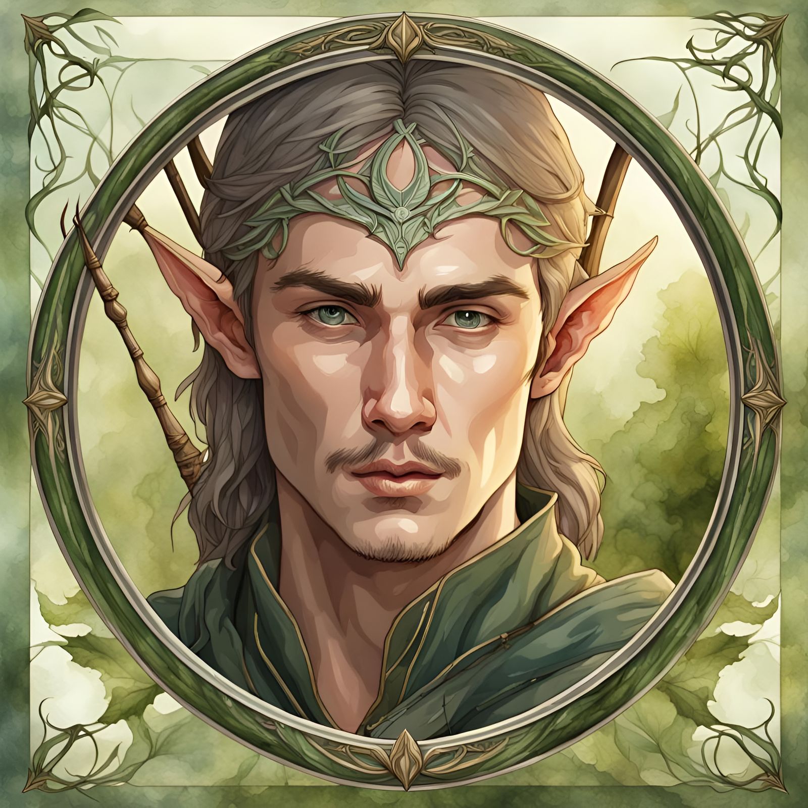 Elven Archer Portrait in Art Nouveau Frame
