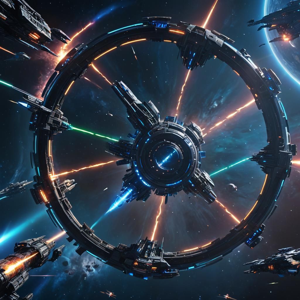Galactic Spaceship Battle Near Terraformed Ring