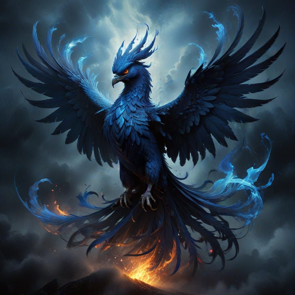Mystical Blue Phoenix in Dark Fantasy Style