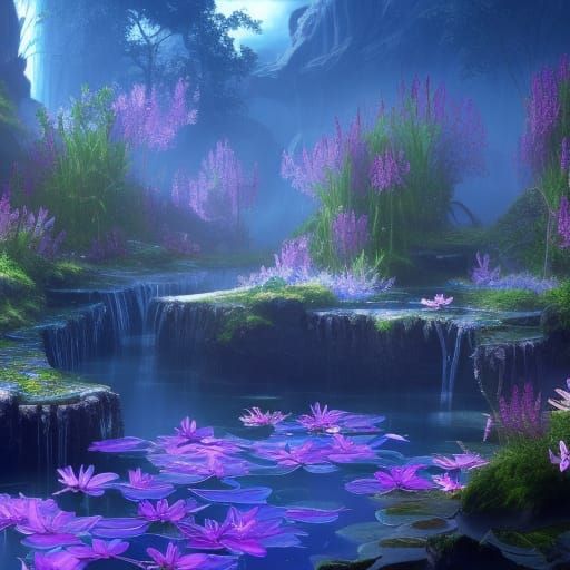 Blue Lilies in Glowing Water: Fantasy Art