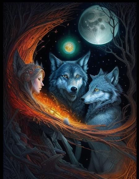 Surreal Wolf Howling at Moon, Intricate Art