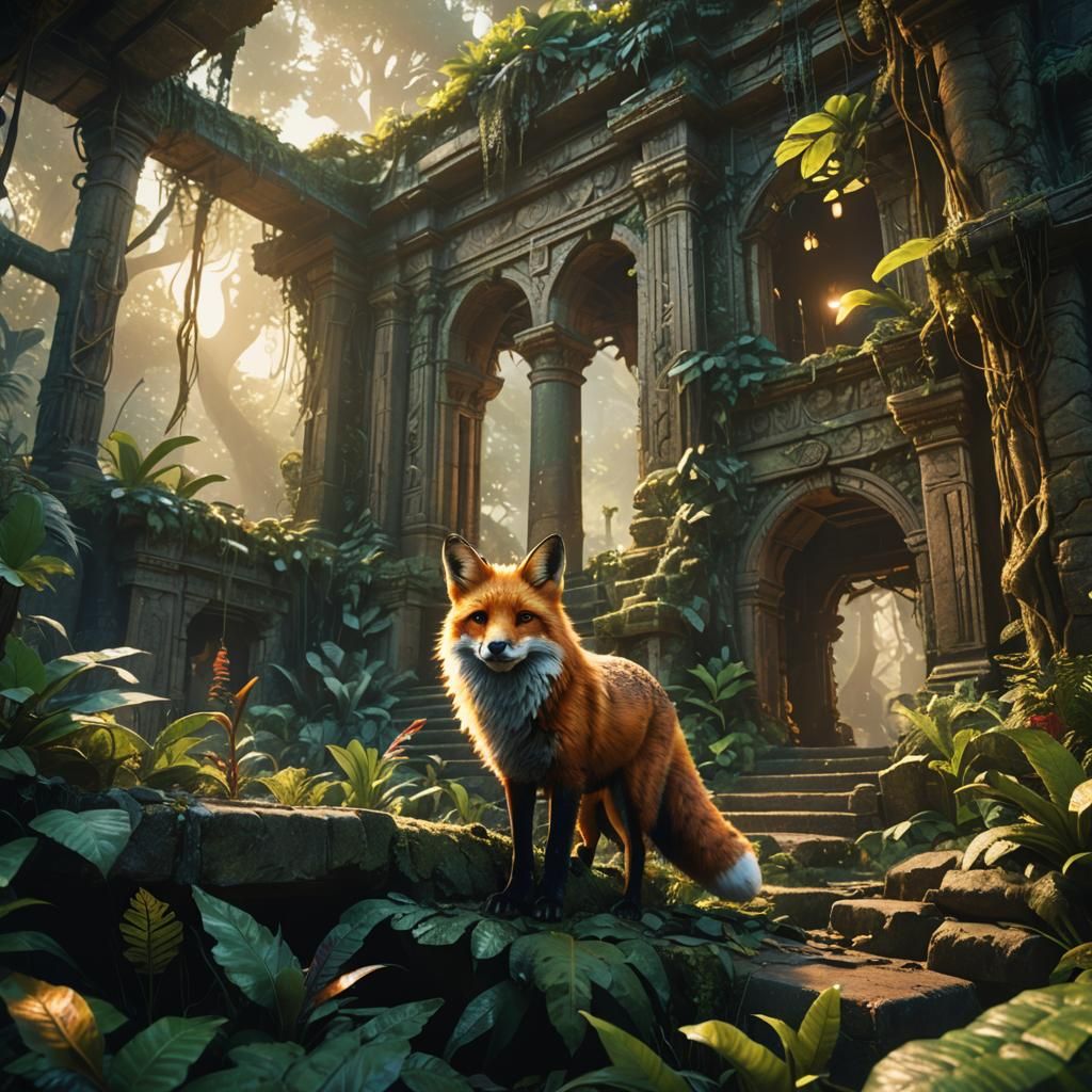 Mystical Fox Exploring Jungle Ruins in Fantasy Art