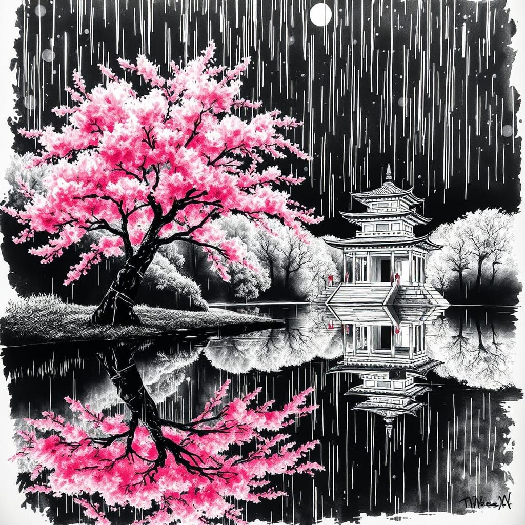 Minimalist Cherry Tree Reflection with Impasto Sky