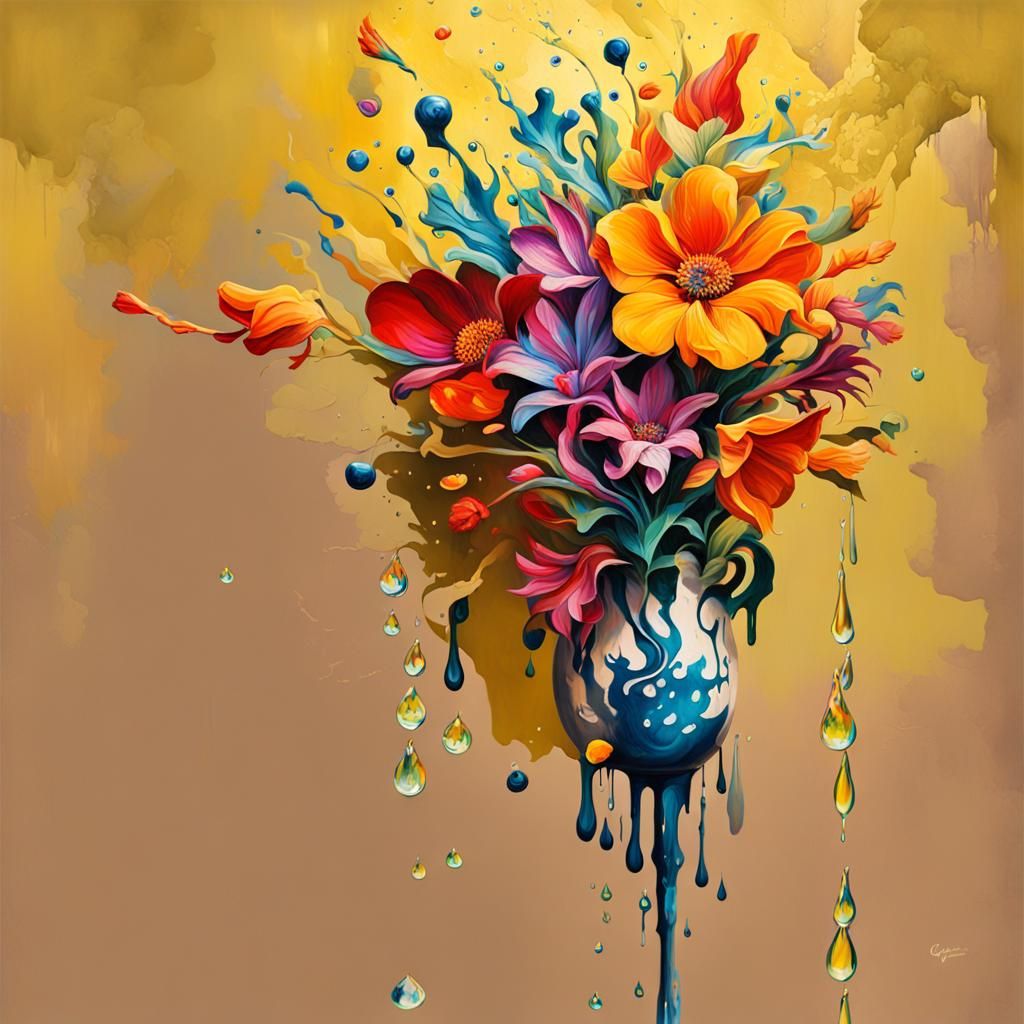 Art Nouveau Collage Painting with Paper Flowers