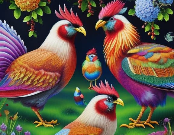 Whimsical Hyperdetailed Painting of Chickens in Fantasy Land...