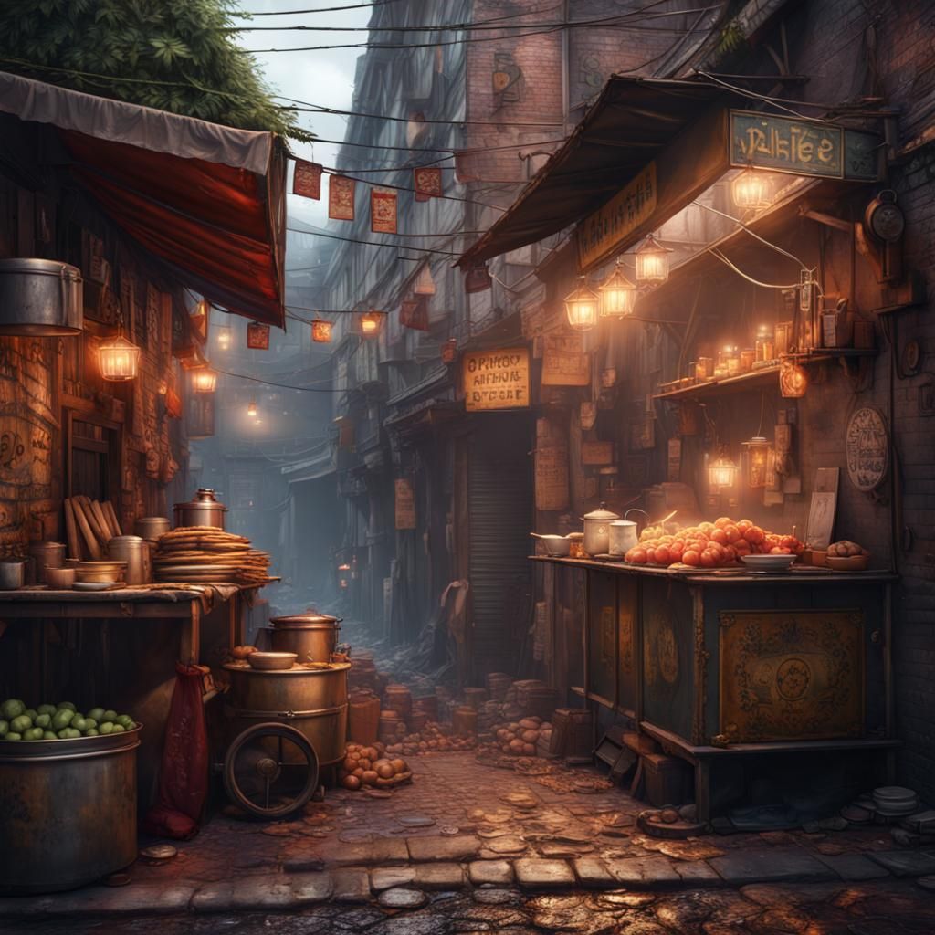 Detailed Street Food Alleyway Concept Art