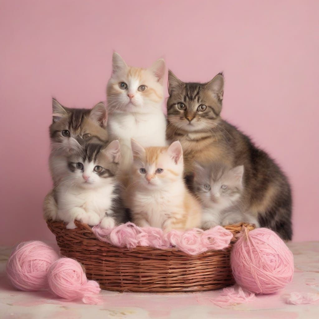 A group of Munchkin kittens and a mother cat are centrally p...
