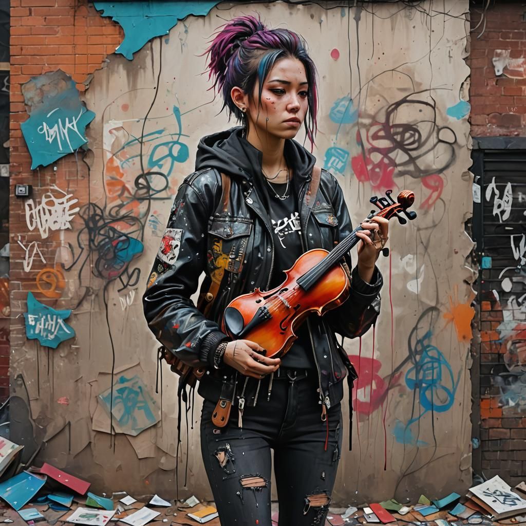 Punk Girl Violin Player in Graffiti Street Art Style