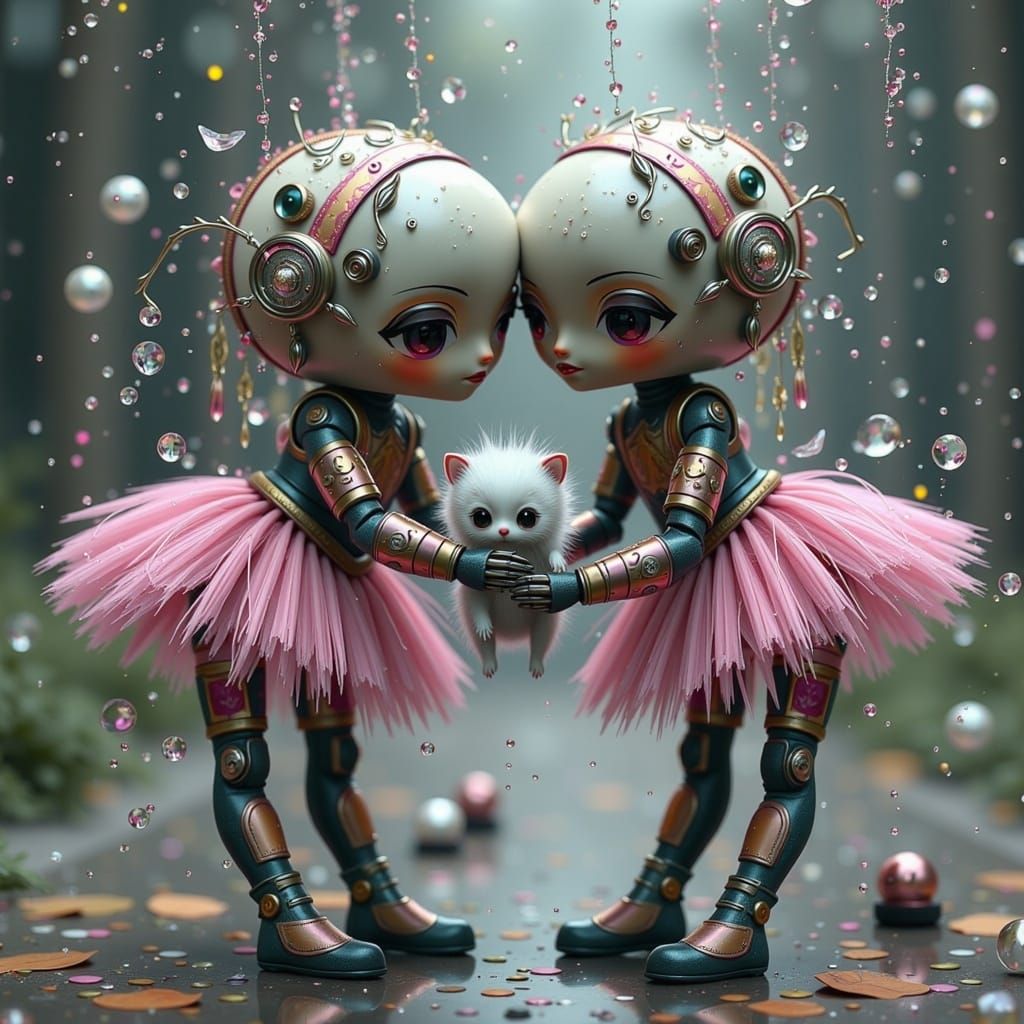 Creepy Cute Doll Robots with Kitten in Acid Rain