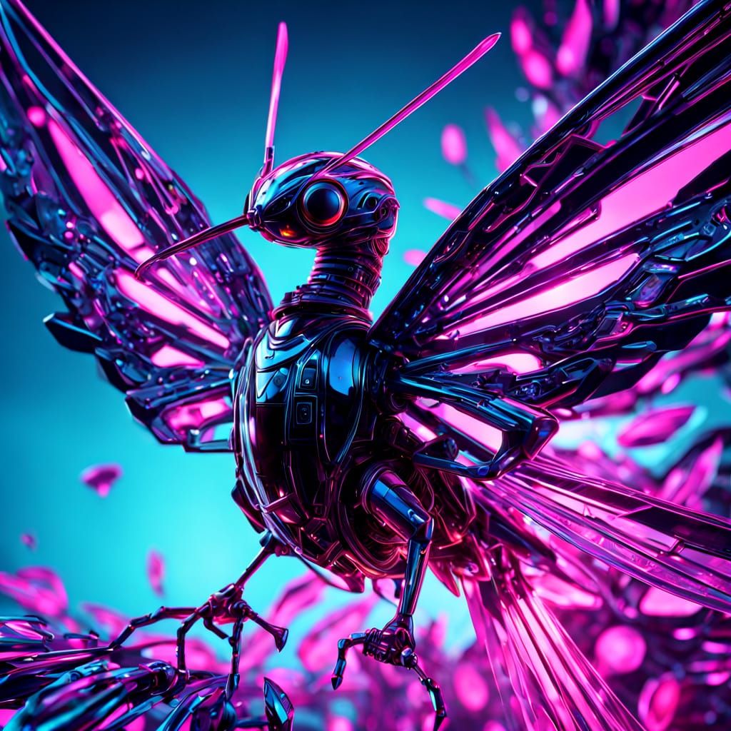Cyberpunk Hummingbird Shimmers Above Alien Flower