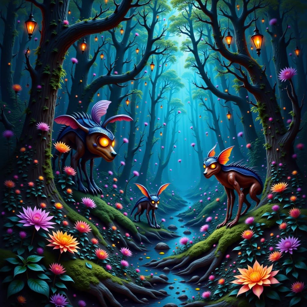 Mystical Forest Inhabited by Fantastical Creatures