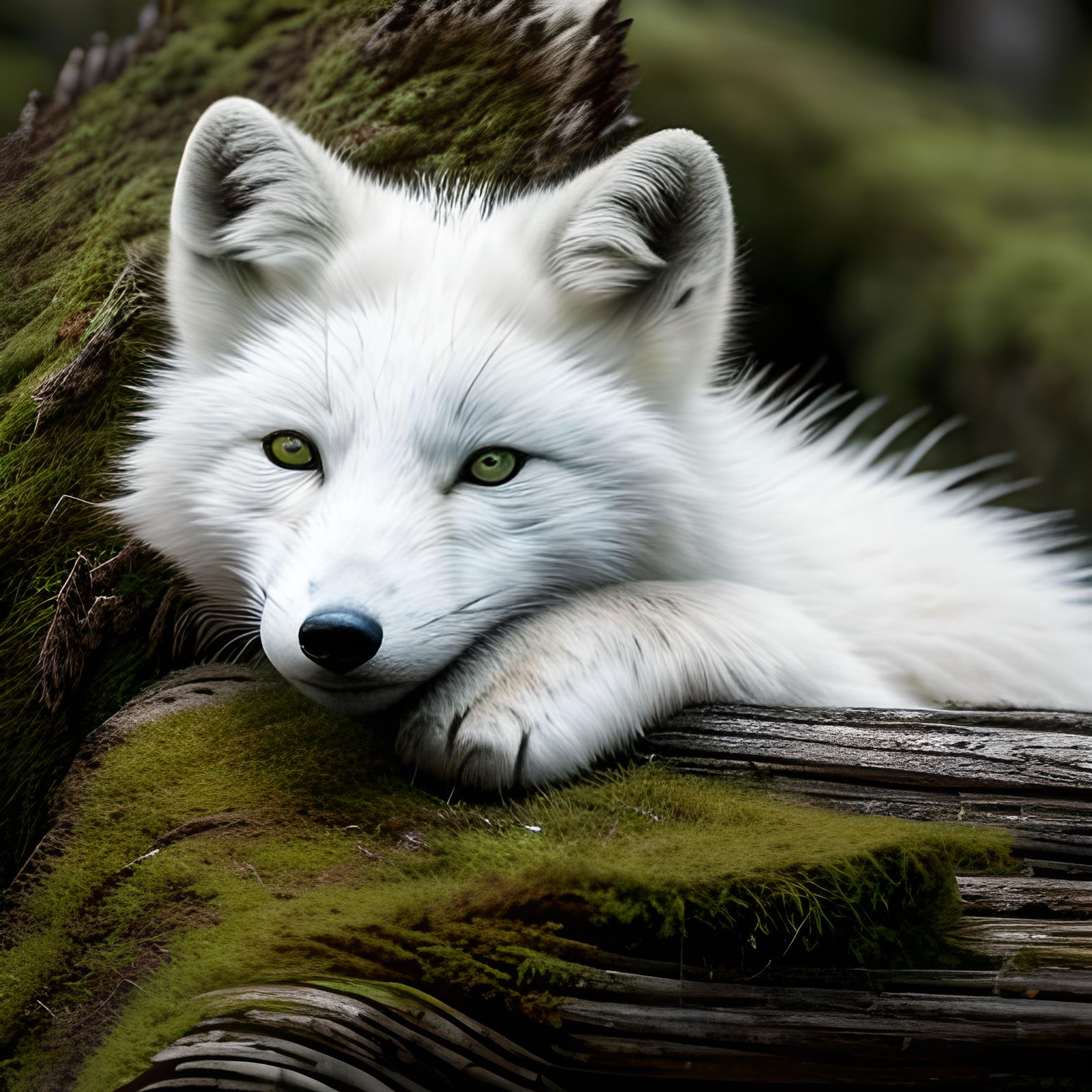 Arctic Fox Curled in Mossy Log: Nature Photography