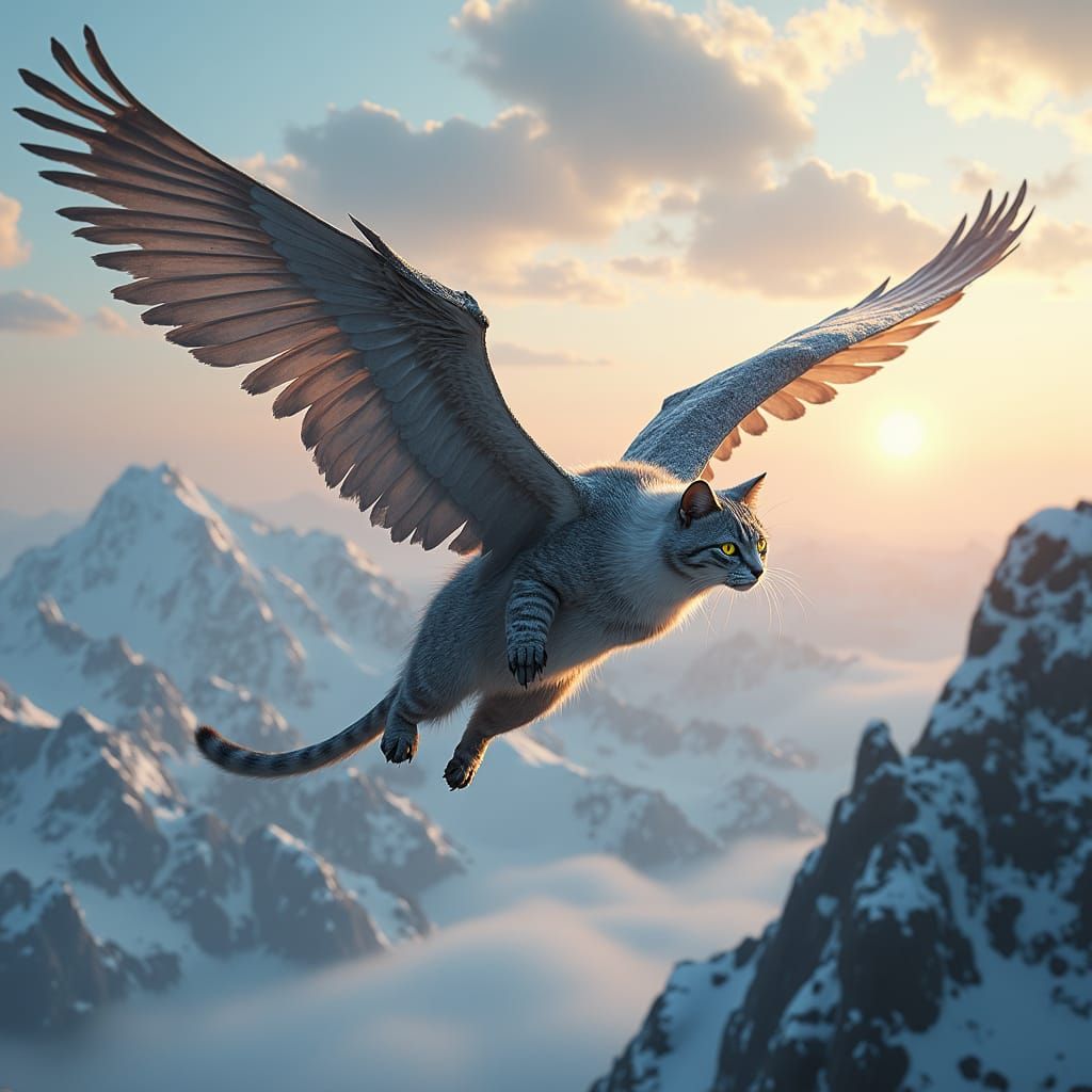 Flying Cat Soaring Over Skyrim Landscape