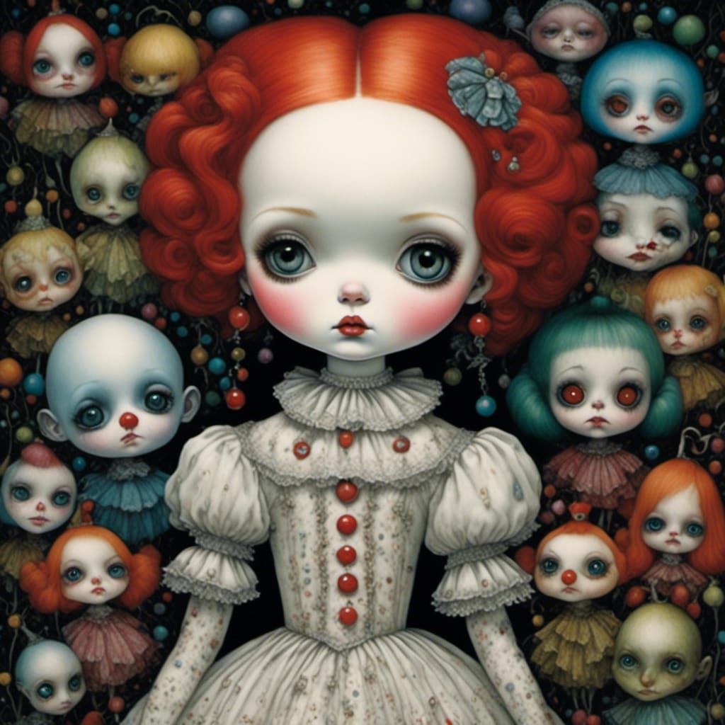 Gothic Doll with Clowns in Keane-Burton Style