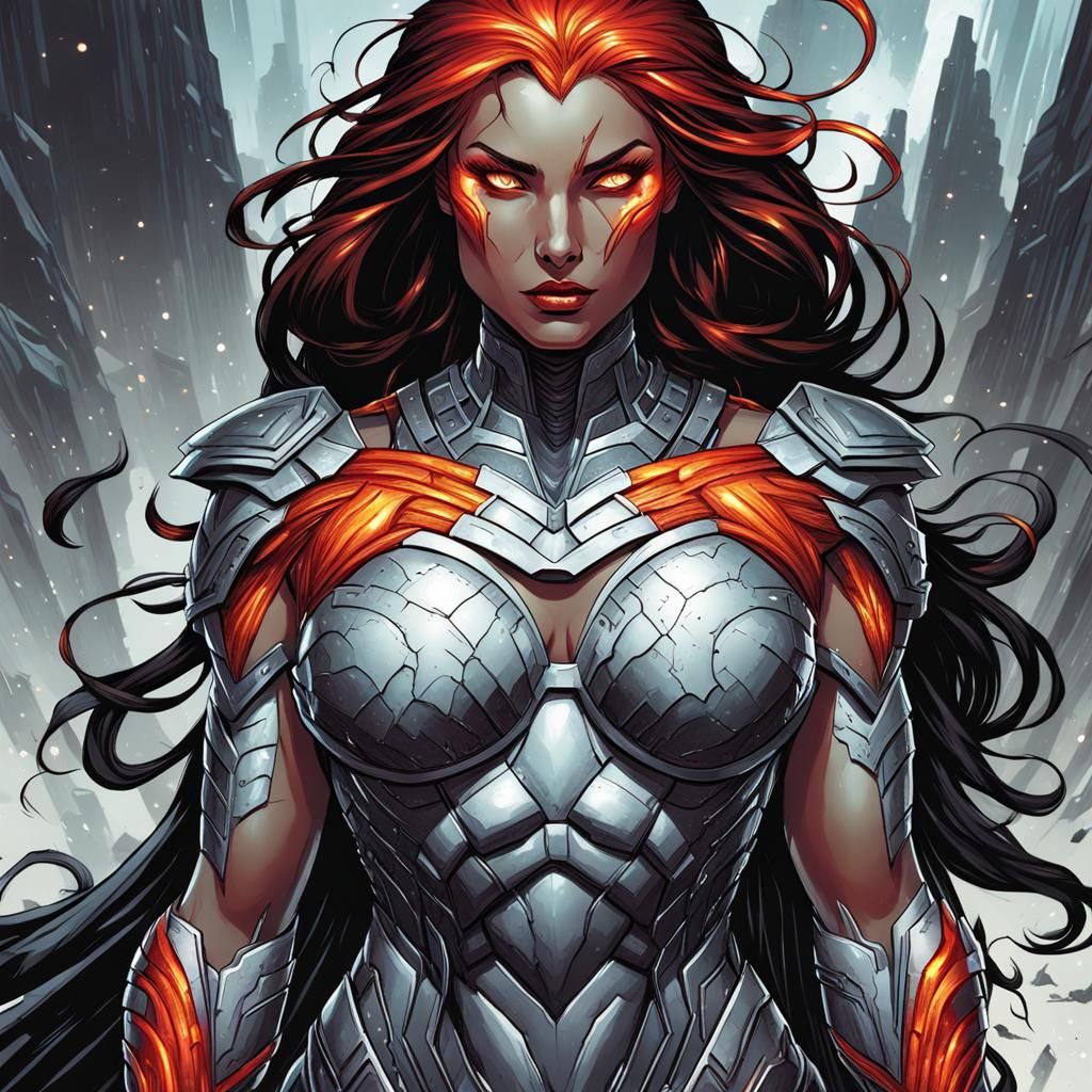 Lava-Skinned Woman in Comic Book Art Style