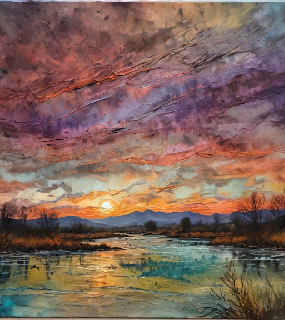 Abstract Sunset River Reflections in Van Gogh Style